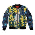 Australia Golden Wattle Sleeve Zip Bomber Jacket Aussie Cockatoo Aboriginal Art