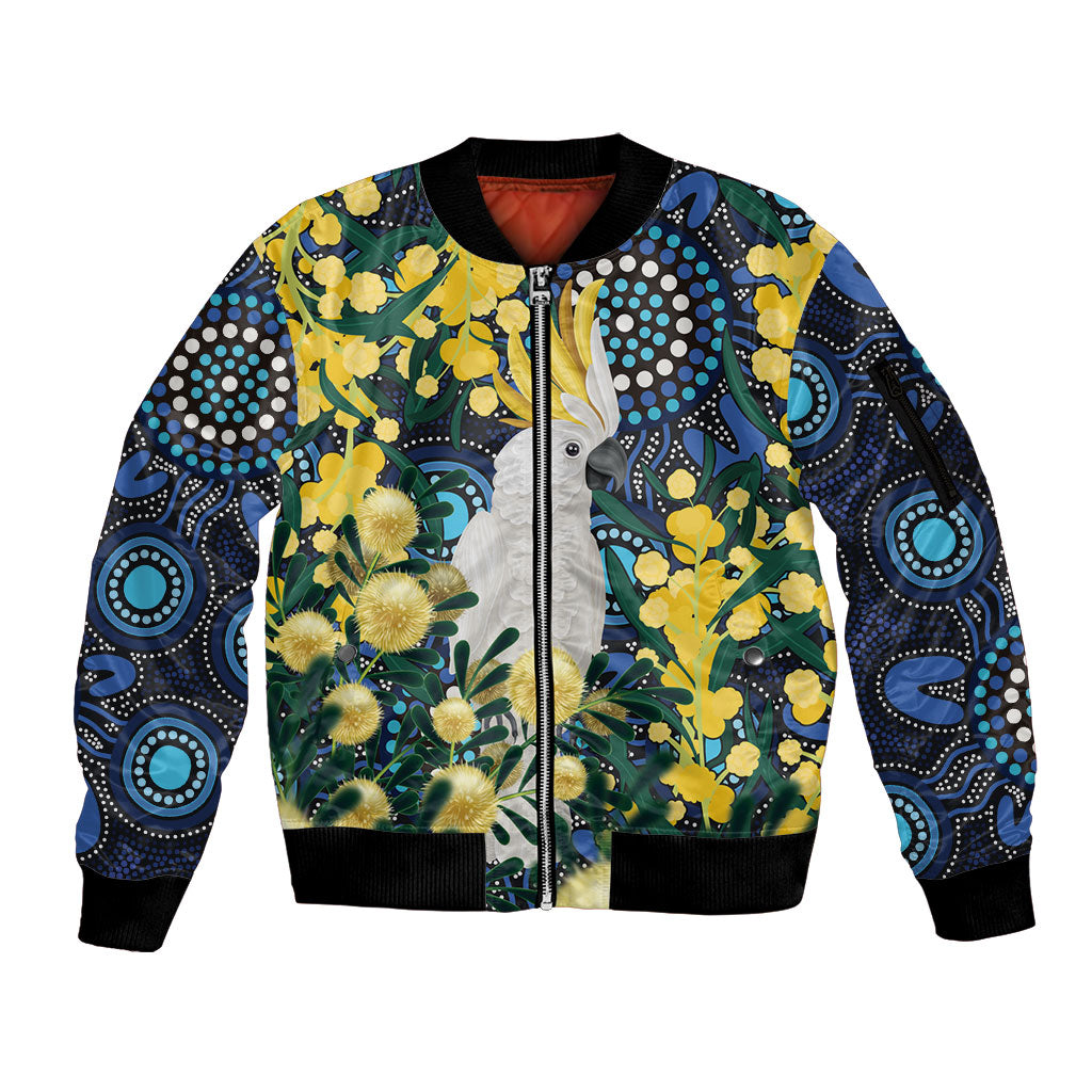 Australia Golden Wattle Sleeve Zip Bomber Jacket Aussie Cockatoo Aboriginal Art