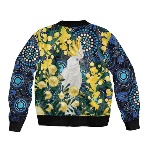 Australia Golden Wattle Sleeve Zip Bomber Jacket Aussie Cockatoo Aboriginal Art