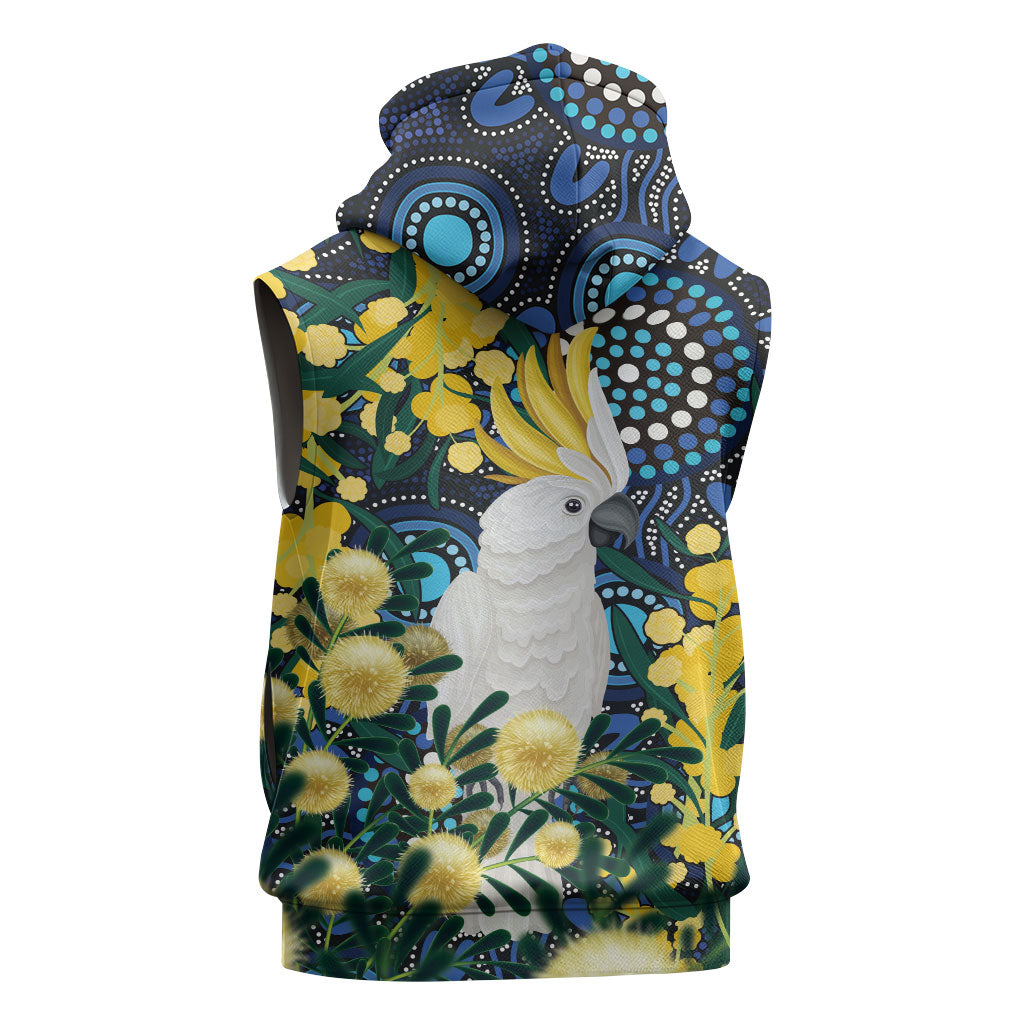 Australia Golden Wattle Sleeveless Hoodie Aussie Cockatoo Aboriginal Art