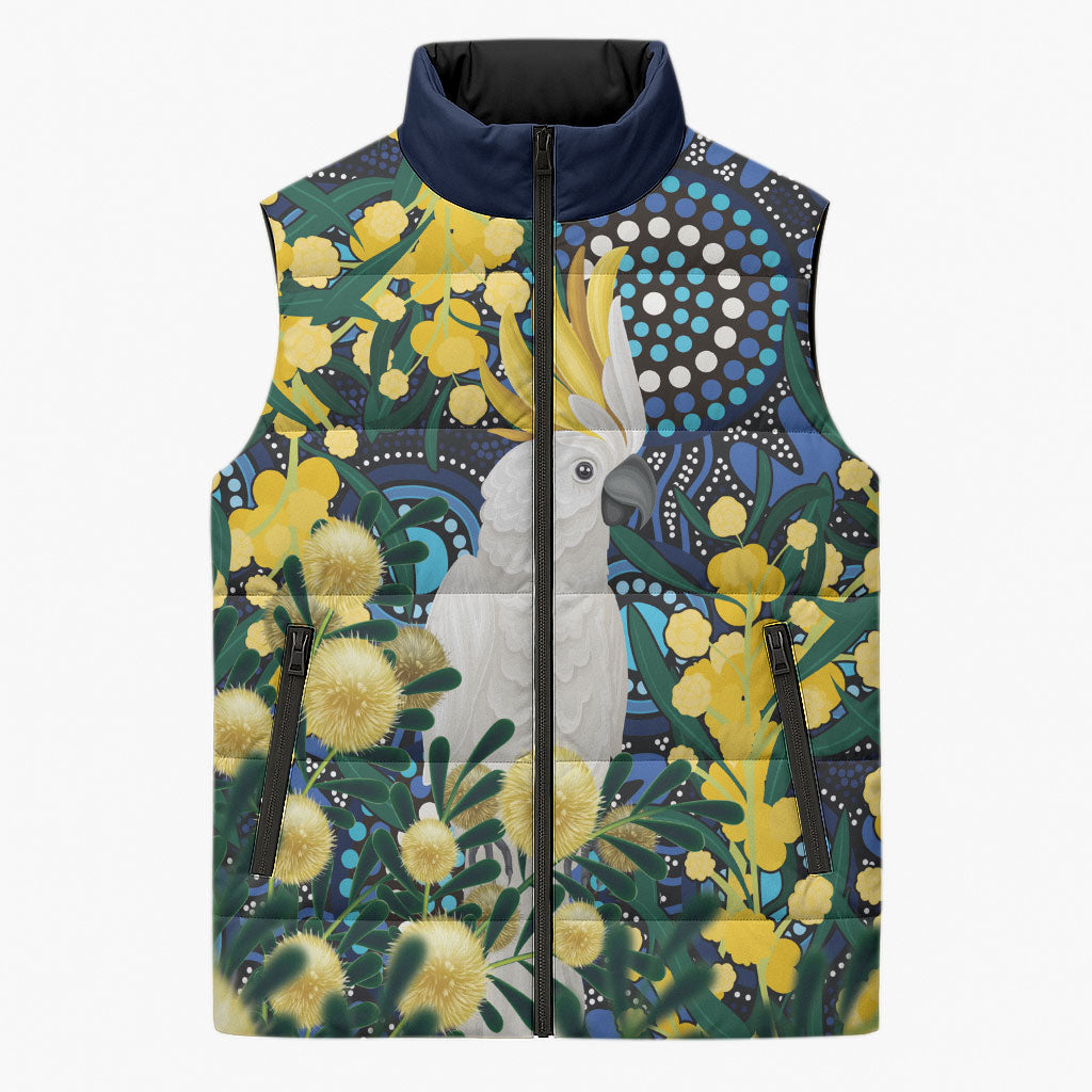 Australia Golden Wattle Sleeveless Puffer Jacket Aussie Cockatoo Aboriginal Art