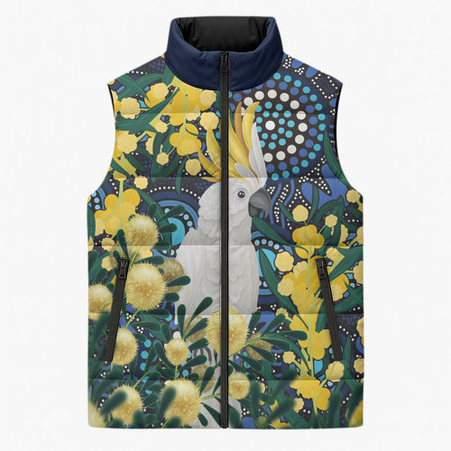 Australia Golden Wattle Sleeveless Puffer Jacket Aussie Cockatoo Aboriginal Art