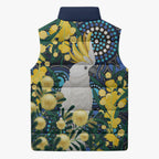 Australia Golden Wattle Sleeveless Puffer Jacket Aussie Cockatoo Aboriginal Art