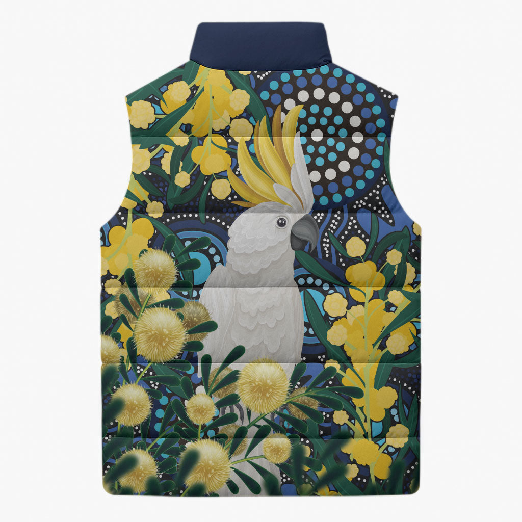 Australia Golden Wattle Sleeveless Puffer Jacket Aussie Cockatoo Aboriginal Art