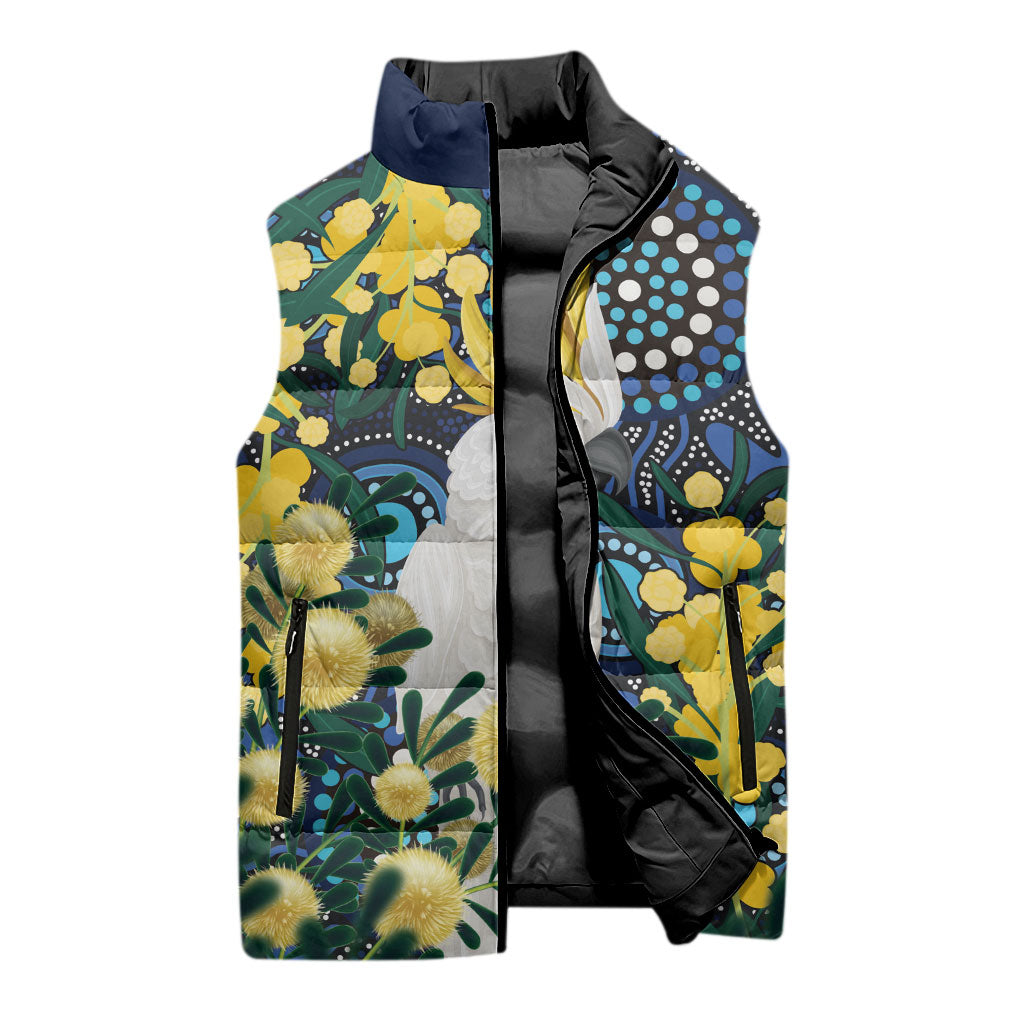 Australia Golden Wattle Sleeveless Puffer Jacket Aussie Cockatoo Aboriginal Art