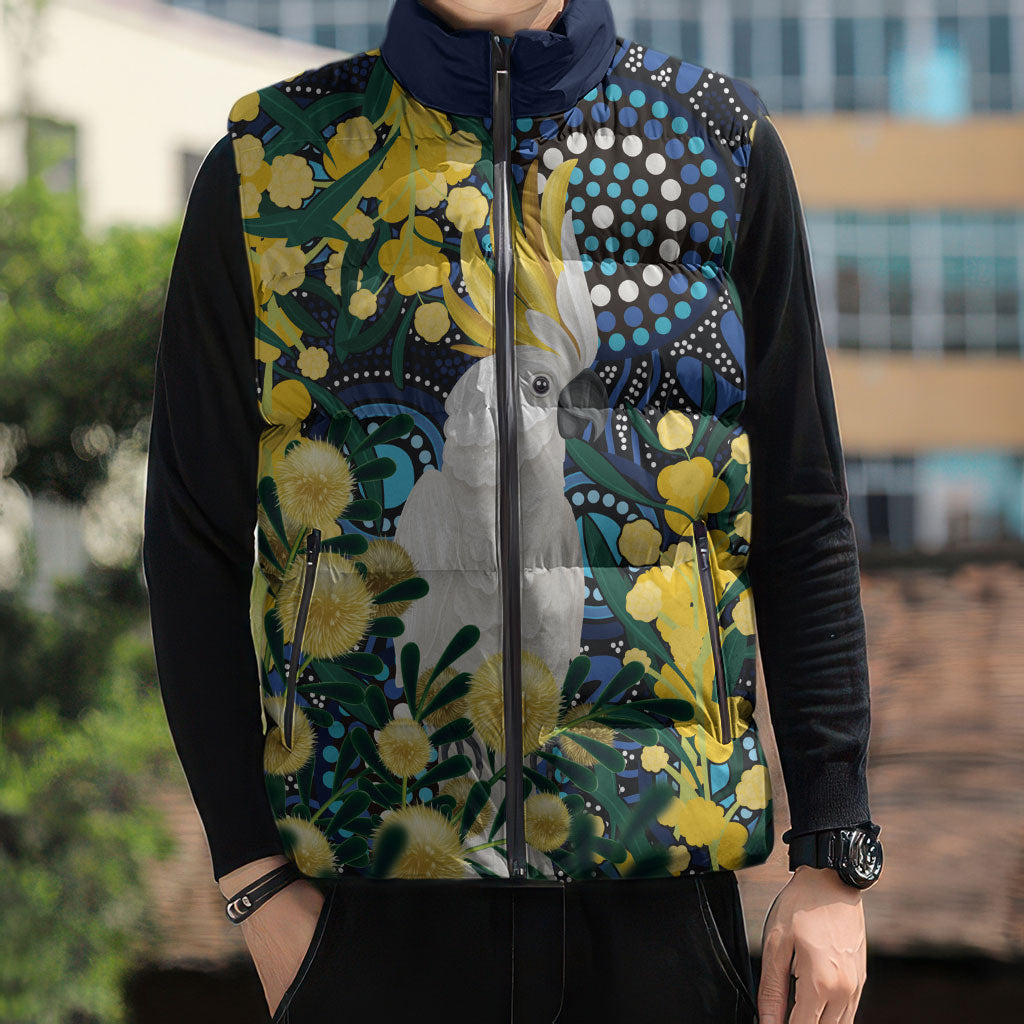 Australia Golden Wattle Sleeveless Puffer Jacket Aussie Cockatoo Aboriginal Art
