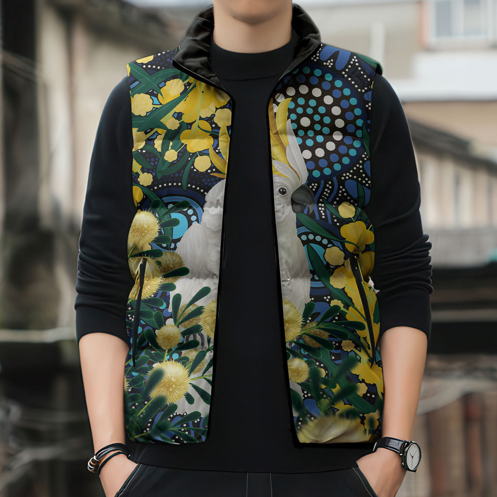 Australia Golden Wattle Sleeveless Puffer Jacket Aussie Cockatoo Aboriginal Art