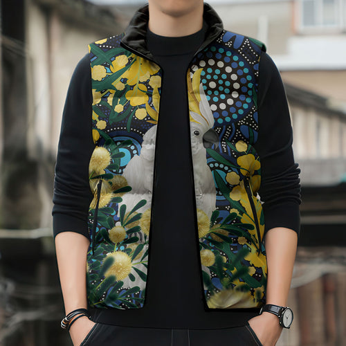 Australia Golden Wattle Sleeveless Puffer Jacket Aussie Cockatoo Aboriginal Art