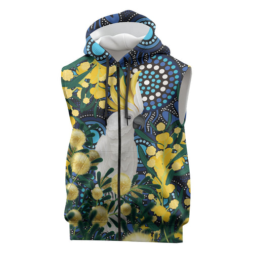 Australia Golden Wattle Sleeveless Zip Hoodie Aussie Cockatoo Aboriginal Art