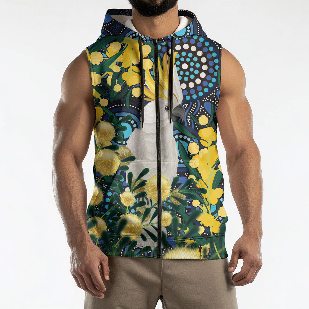 Australia Golden Wattle Sleeveless Zip Hoodie Aussie Cockatoo Aboriginal Art