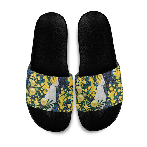 Australia Golden Wattle Slide Sandals Aussie Cockatoo Aboriginal Art