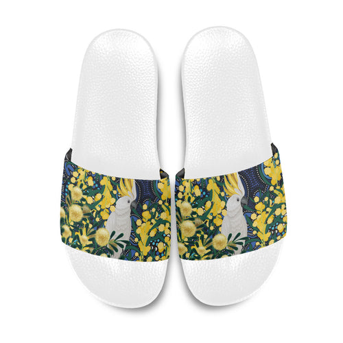 Australia Golden Wattle Slide Sandals Aussie Cockatoo Aboriginal Art