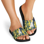 Australia Golden Wattle Slide Sandals Aussie Cockatoo Aboriginal Art