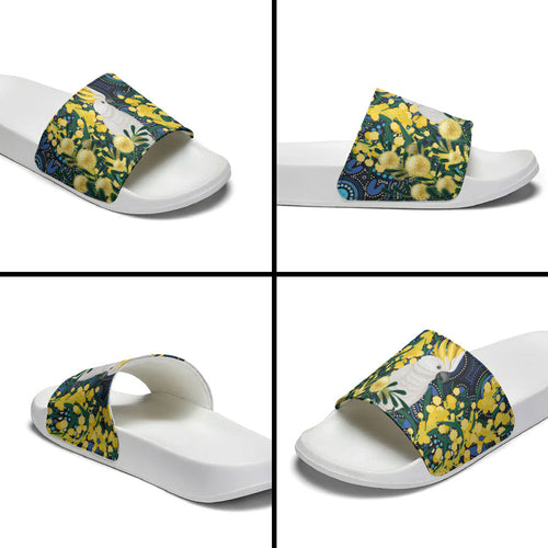 Australia Golden Wattle Slide Sandals Aussie Cockatoo Aboriginal Art