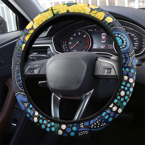 Australia Golden Wattle Steering Wheel Cover Aussie Cockatoo Aboriginal Art