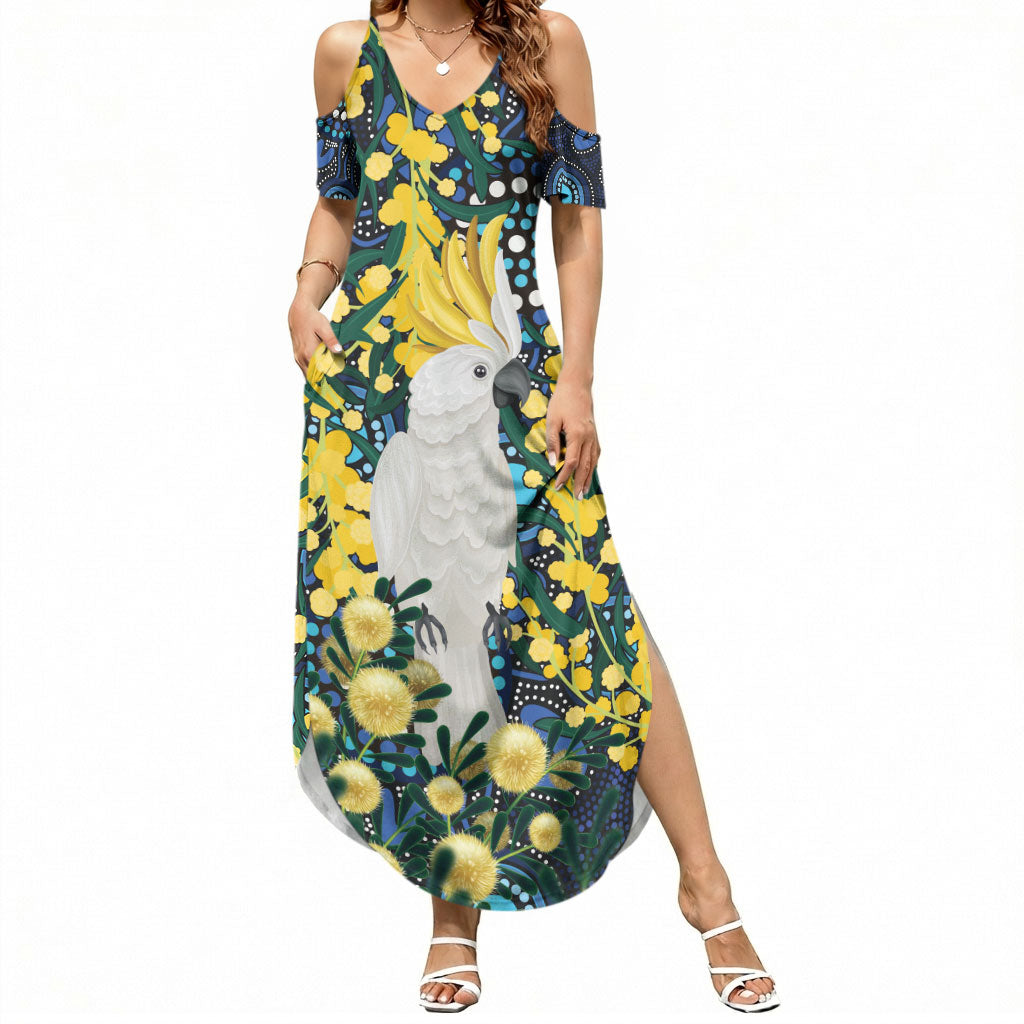 Australia Golden Wattle Summer Maxi Dress Aussie Cockatoo Aboriginal Art