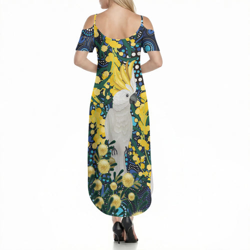 Australia Golden Wattle Summer Maxi Dress Aussie Cockatoo Aboriginal Art