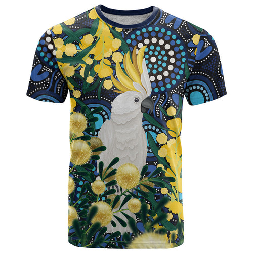 Australia Golden Wattle T Shirt Aussie Cockatoo Aboriginal Art