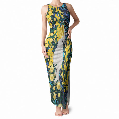 Australia Golden Wattle Tank Maxi Dress Aussie Cockatoo Aboriginal Art