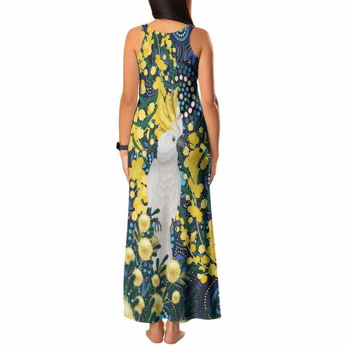 Australia Golden Wattle Tank Maxi Dress Aussie Cockatoo Aboriginal Art