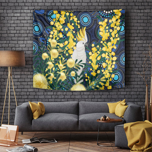 Australia Golden Wattle Tapestry Aussie Cockatoo Aboriginal Art