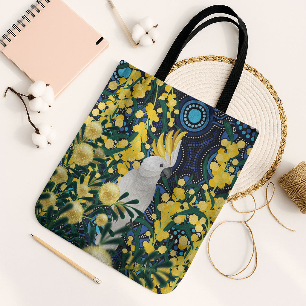 Australia Golden Wattle Tote Bag Aussie Cockatoo Aboriginal Art