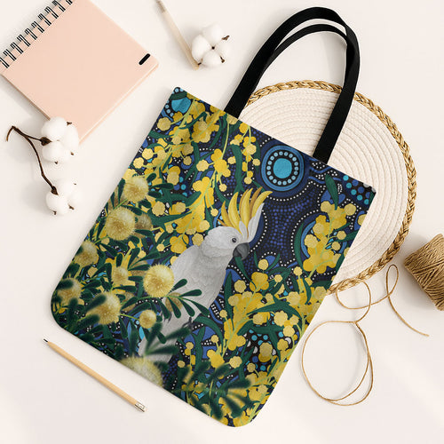 Australia Golden Wattle Tote Bag Aussie Cockatoo Aboriginal Art