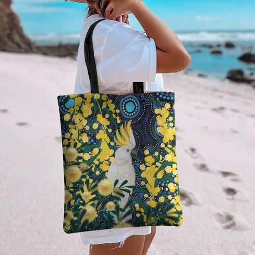 Australia Golden Wattle Tote Bag Aussie Cockatoo Aboriginal Art