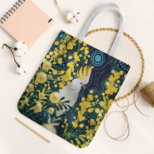 Australia Golden Wattle Tote Bag Aussie Cockatoo Aboriginal Art