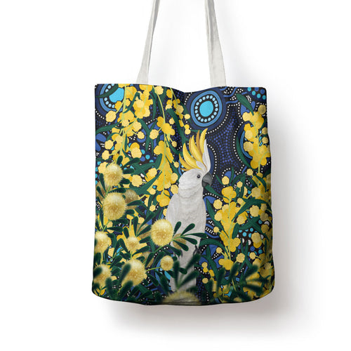 Australia Golden Wattle Tote Bag Aussie Cockatoo Aboriginal Art