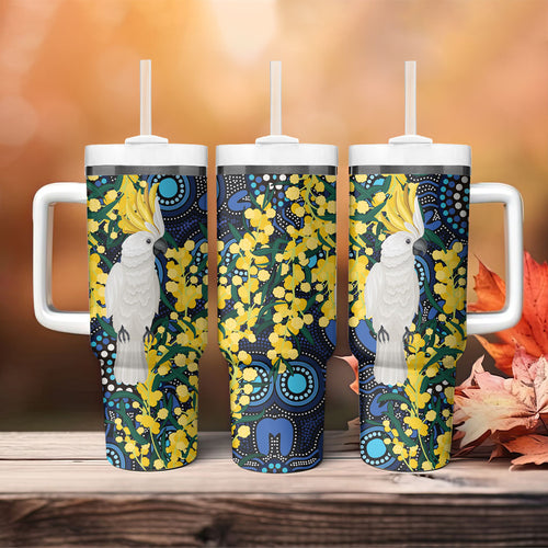 Australia Golden Wattle Tumbler With Handle Aussie Cockatoo Aboriginal Art