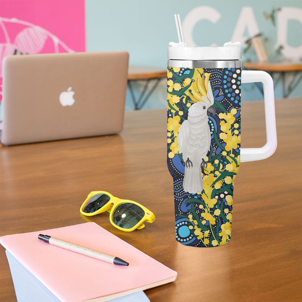 Australia Golden Wattle Tumbler With Handle Aussie Cockatoo Aboriginal Art