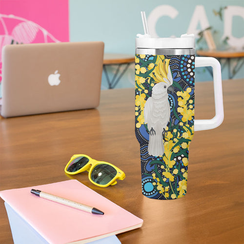 Australia Golden Wattle Tumbler With Handle Aussie Cockatoo Aboriginal Art