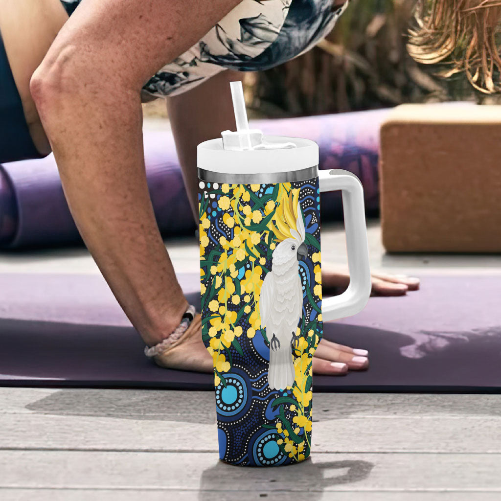 Australia Golden Wattle Tumbler With Handle Aussie Cockatoo Aboriginal Art