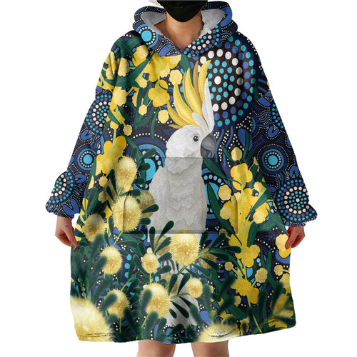 Australia Golden Wattle Wearable Blanket Hoodie Aussie Cockatoo Aboriginal Art