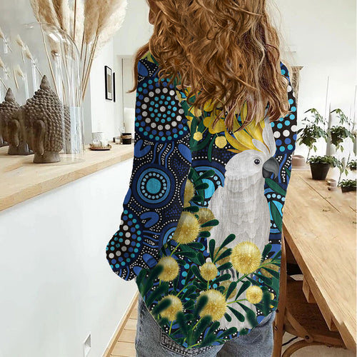 Australia Golden Wattle Women Casual Shirt Aussie Cockatoo Aboriginal Art