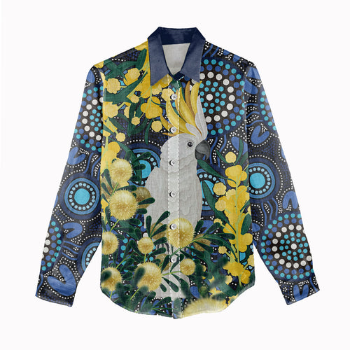 Australia Golden Wattle Women Casual Shirt Aussie Cockatoo Aboriginal Art