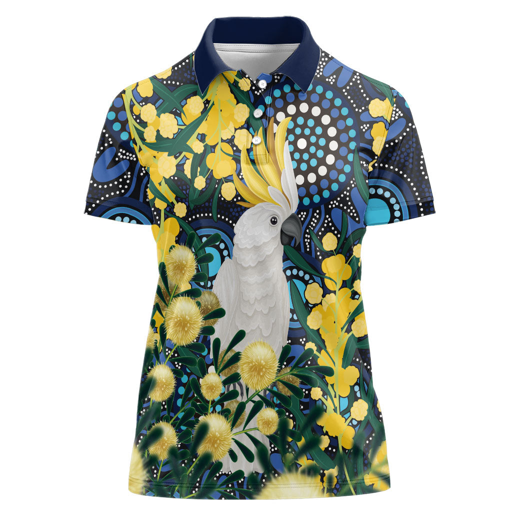 Australia Golden Wattle Women Polo Shirt Aussie Cockatoo Aboriginal Art