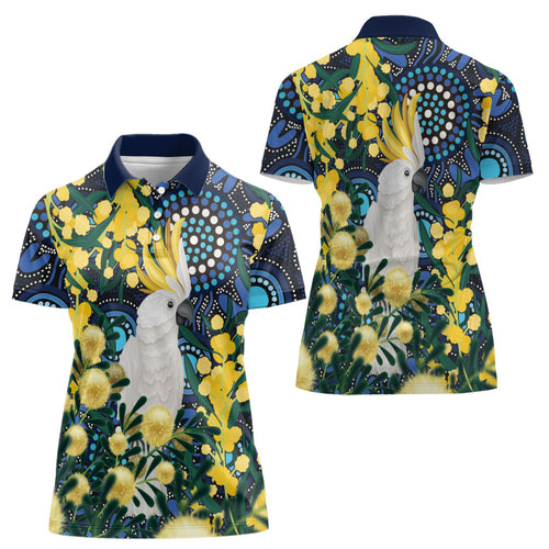 Australia Golden Wattle Women Polo Shirt Aussie Cockatoo Aboriginal Art