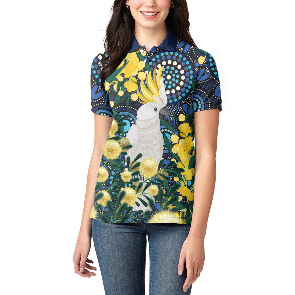 Australia Golden Wattle Women Polo Shirt Aussie Cockatoo Aboriginal Art