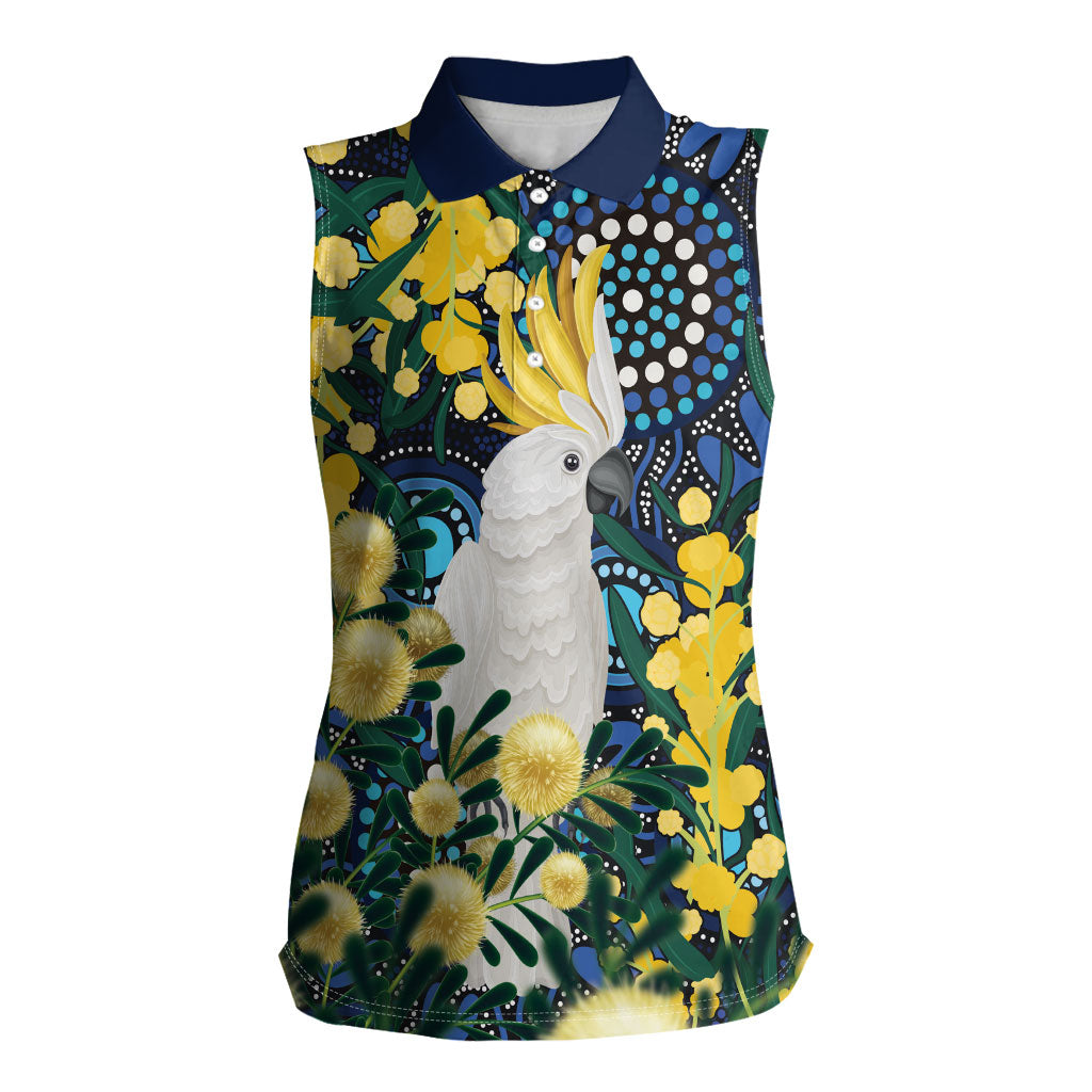 Australia Golden Wattle Women Sleeveless Polo Shirt Aussie Cockatoo Aboriginal Art