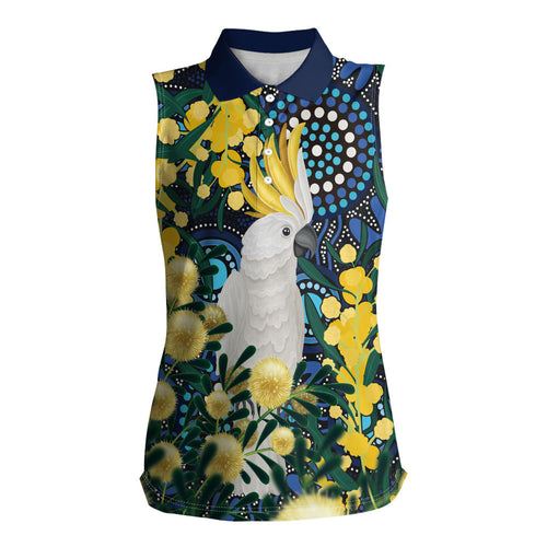 Australia Golden Wattle Women Sleeveless Polo Shirt Aussie Cockatoo Aboriginal Art