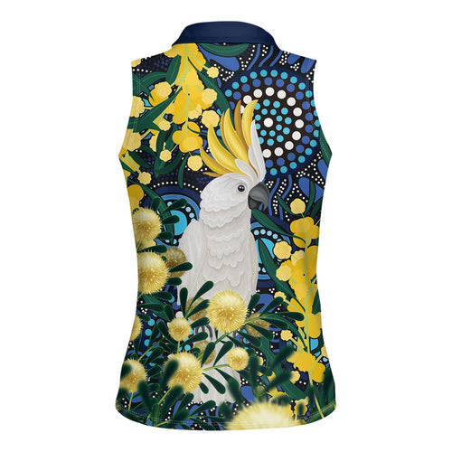 Australia Golden Wattle Women Sleeveless Polo Shirt Aussie Cockatoo Aboriginal Art