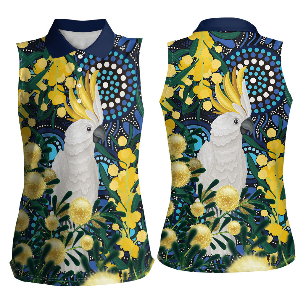 Australia Golden Wattle Women Sleeveless Polo Shirt Aussie Cockatoo Aboriginal Art