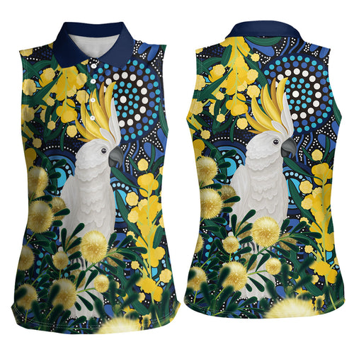 Australia Golden Wattle Women Sleeveless Polo Shirt Aussie Cockatoo Aboriginal Art