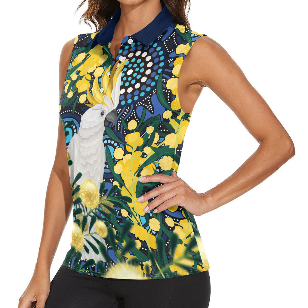 Australia Golden Wattle Women Sleeveless Polo Shirt Aussie Cockatoo Aboriginal Art