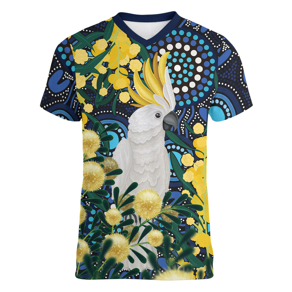Australia Golden Wattle Women V-Neck T-Shirt Aussie Cockatoo Aboriginal Art