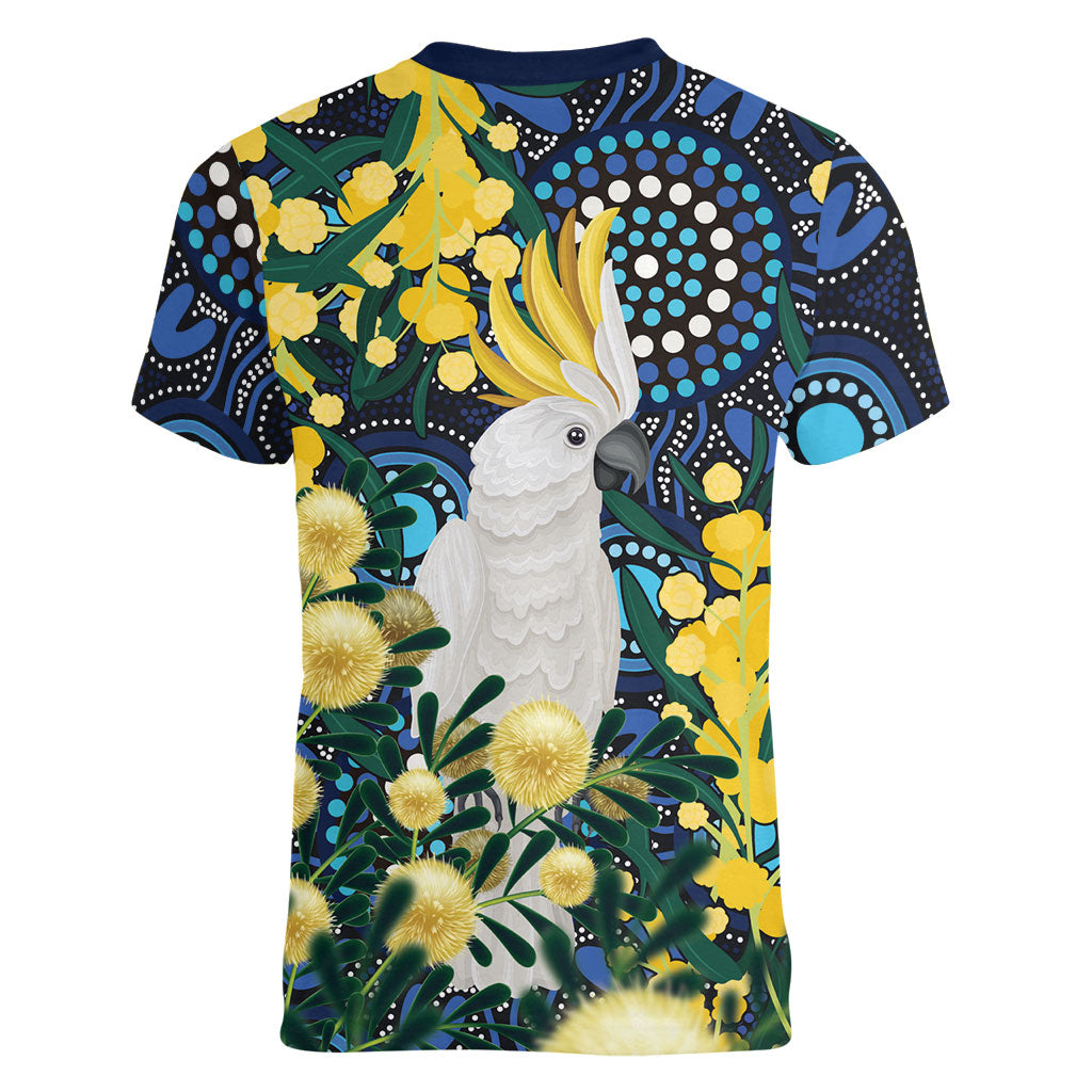 Australia Golden Wattle Women V-Neck T-Shirt Aussie Cockatoo Aboriginal Art