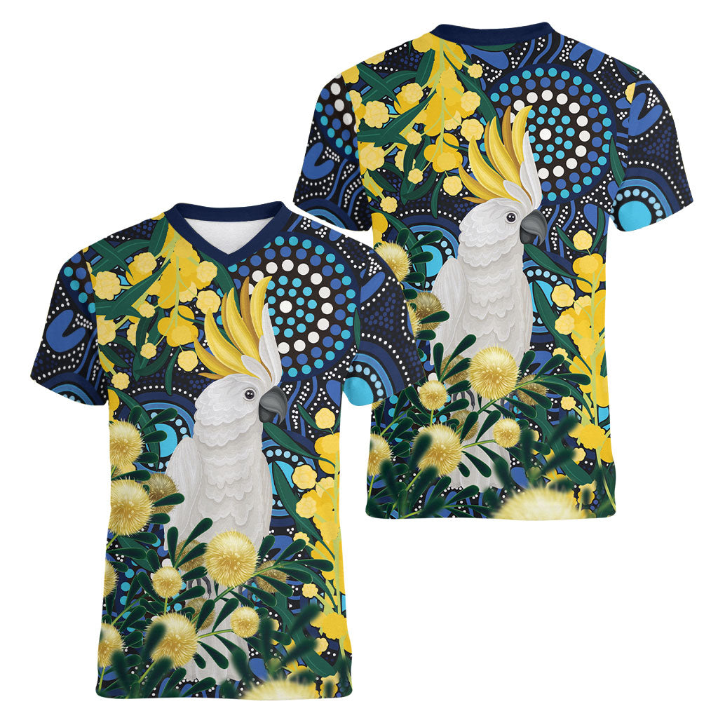 Australia Golden Wattle Women V-Neck T-Shirt Aussie Cockatoo Aboriginal Art