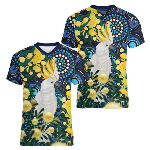 Australia Golden Wattle Women V-Neck T-Shirt Aussie Cockatoo Aboriginal Art